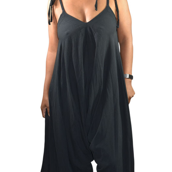 9Seed Bali Draped Jumpsuit Black Crinkle Gauze Harem Romper Drop Crotch One Size - Picture 4 of 14